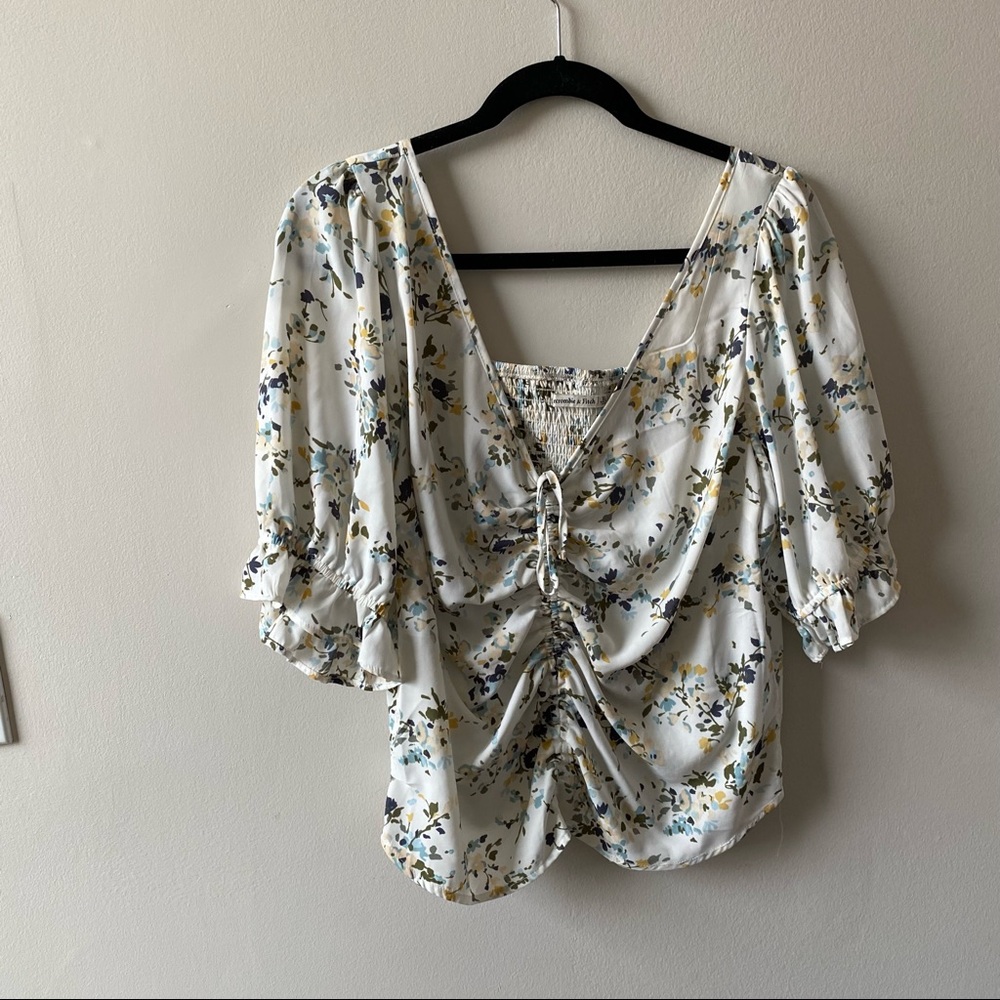 Blue & Green Floral White Blouse Abercrombie XL